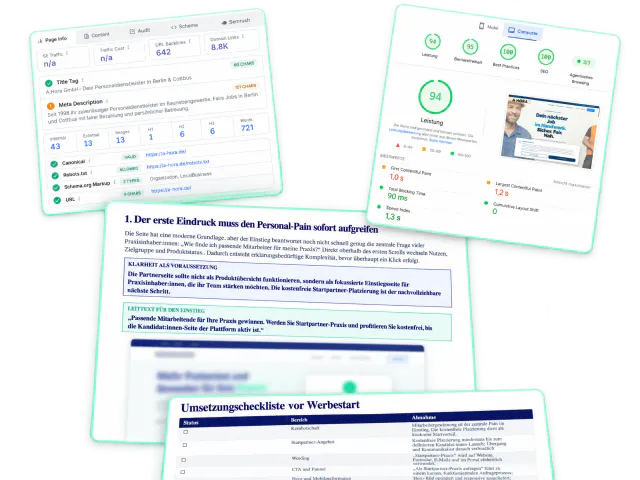 Beispielhafte Ausschnitte eines Marketing-Fahrplans: Website-Analyse, PageSpeed-Werte, konkrete Empfehlungen und eine Umsetzungscheckliste
